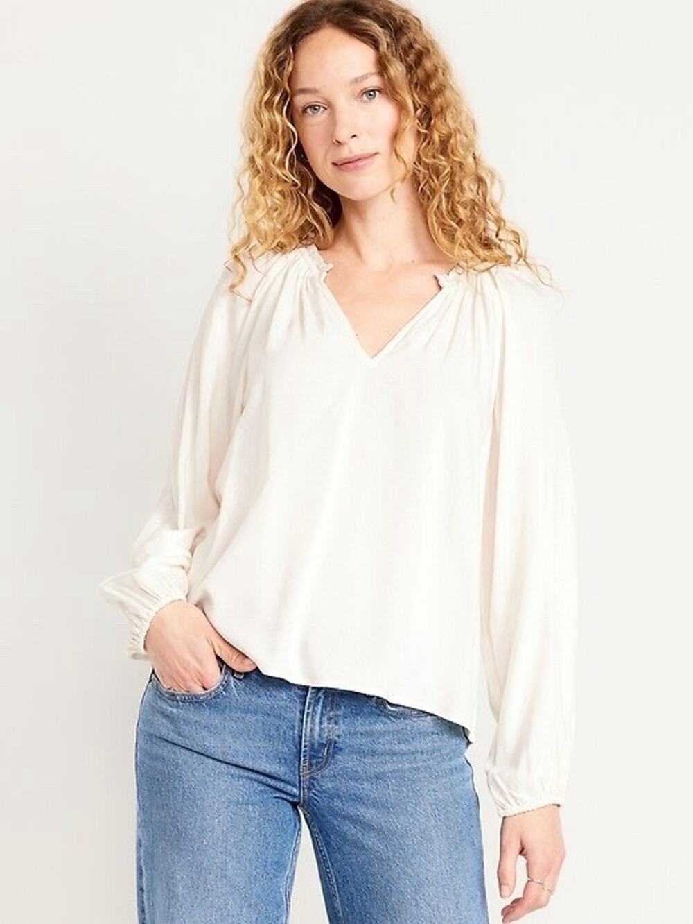 Old Navy Ruffled Split-Neck Top Textured White Cream Cottagcore Large Renfest